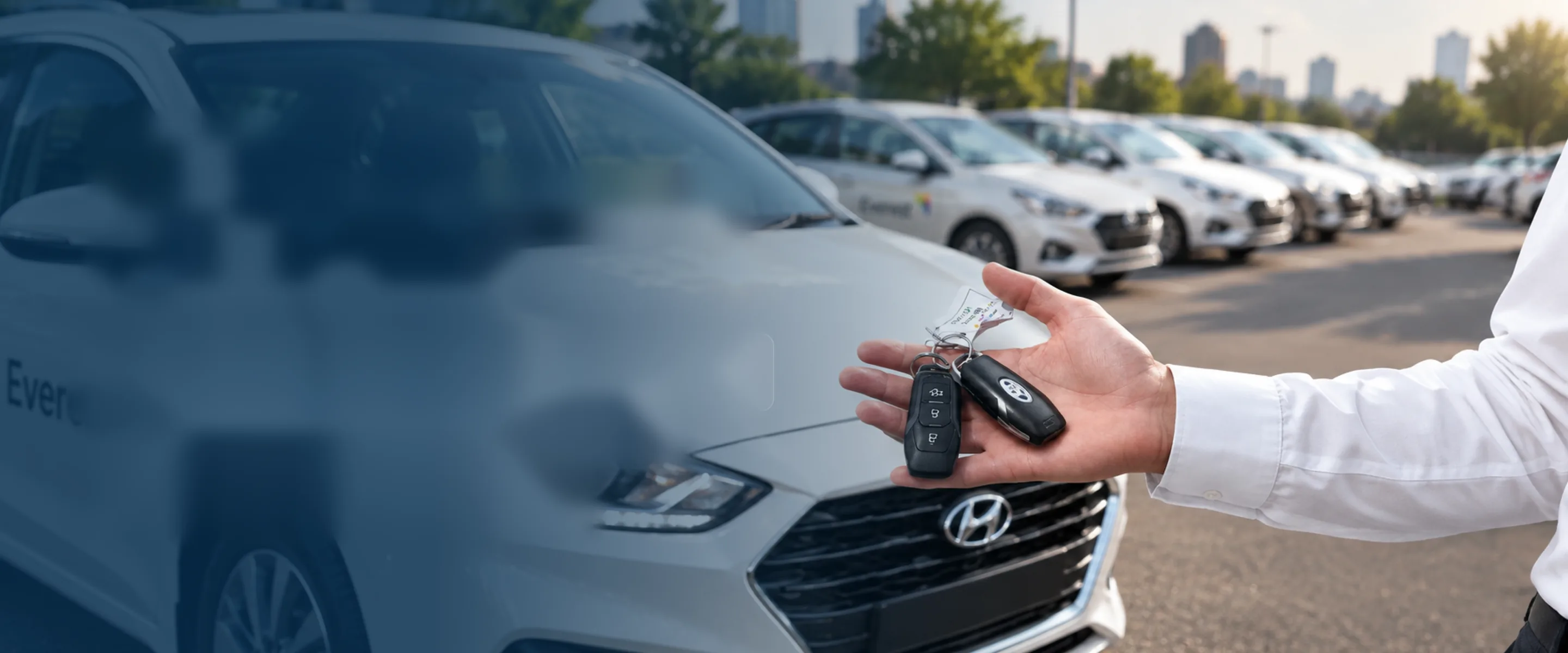 A hand holding out car keys in front of a row of Everest cars