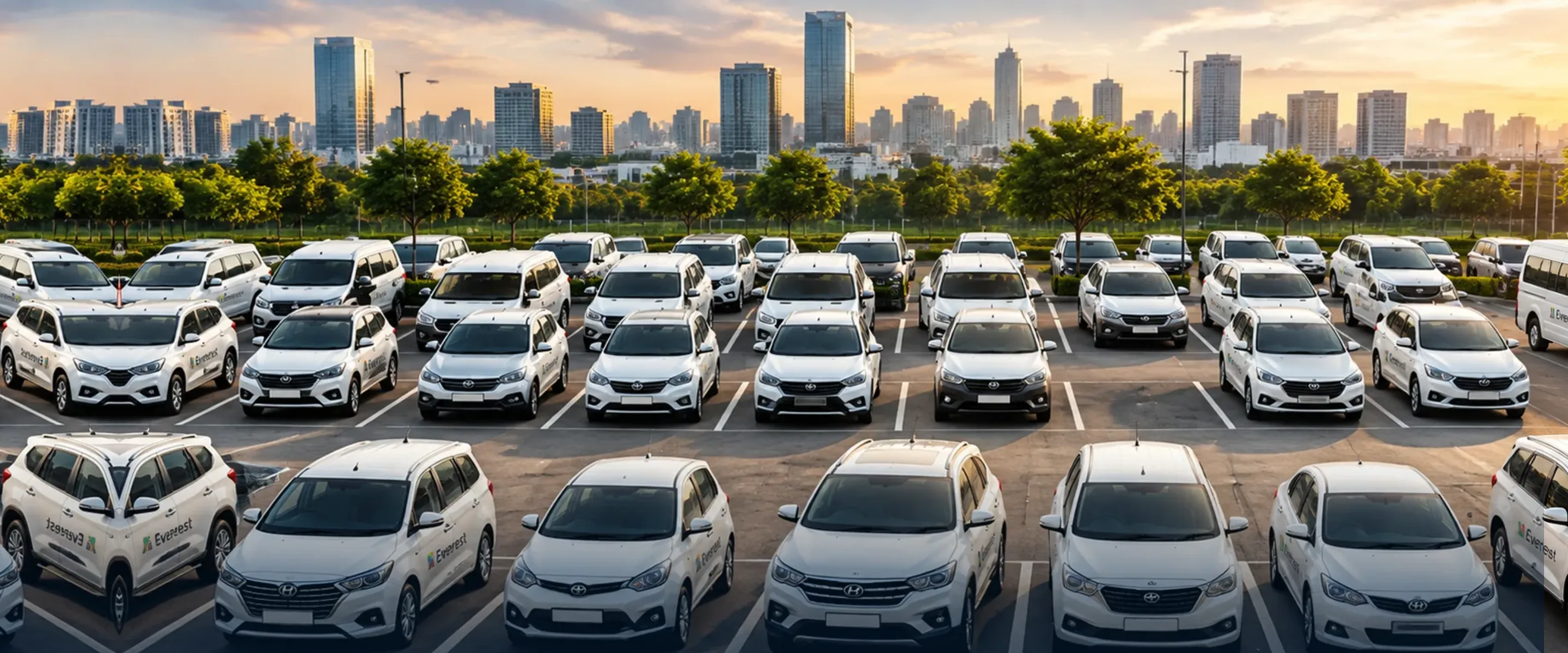 Rows of white Everest cars parked in front of a city skyline