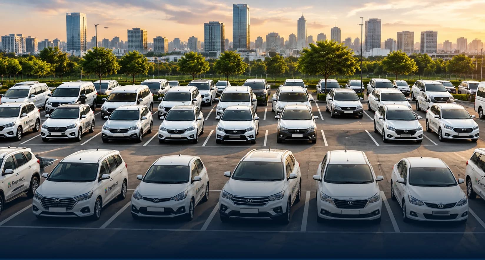 Rows of white Everest cars parked in front of a city skyline