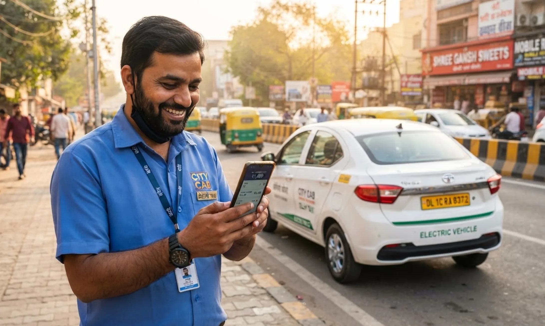 A driver checking his phone beside an Everest car