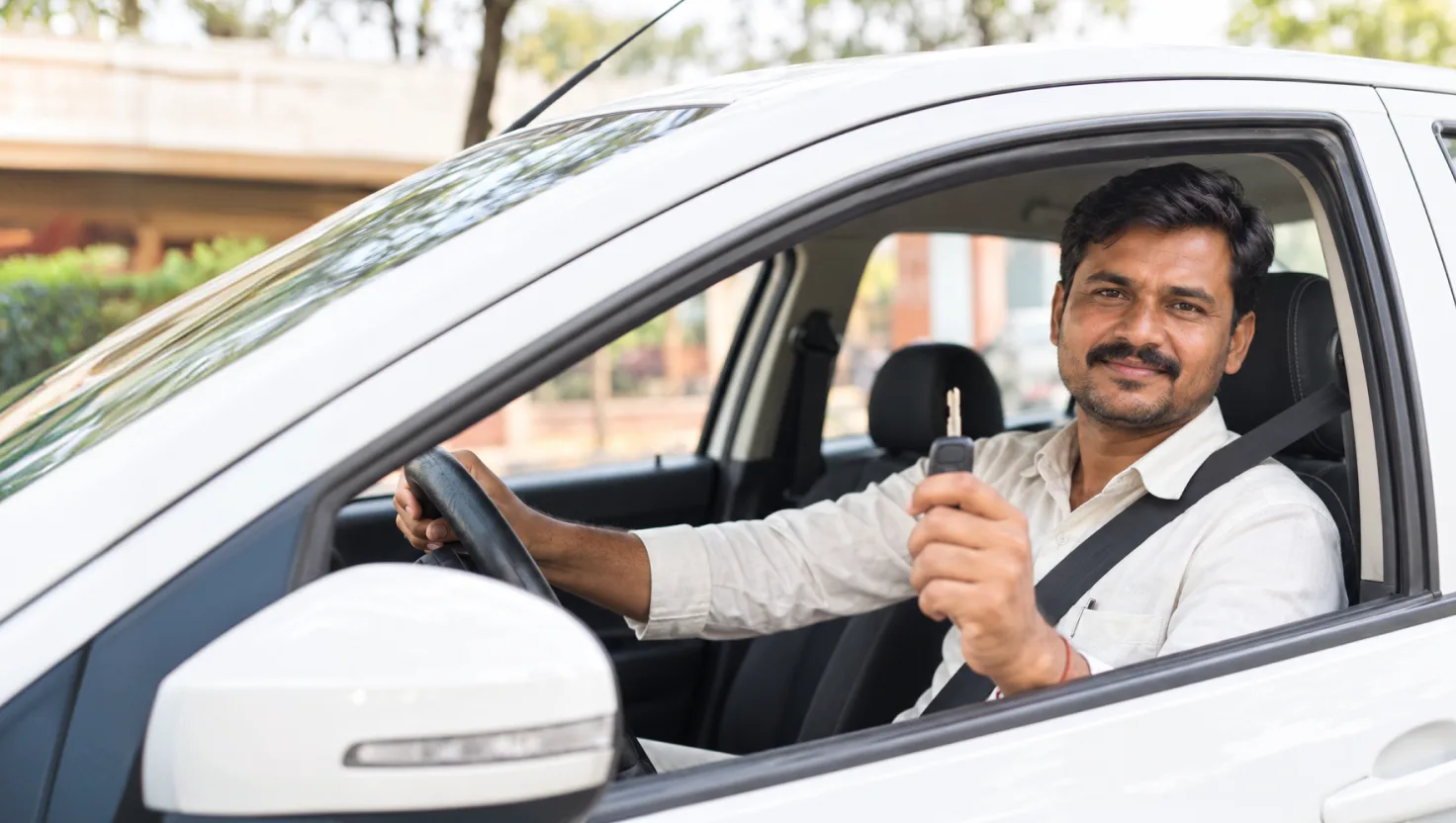 A driver smiling at the wheel of a white car, holding up its key