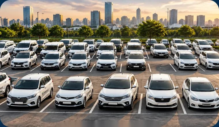 Rows of white Everest Fleet cars parked in front of a city skyline