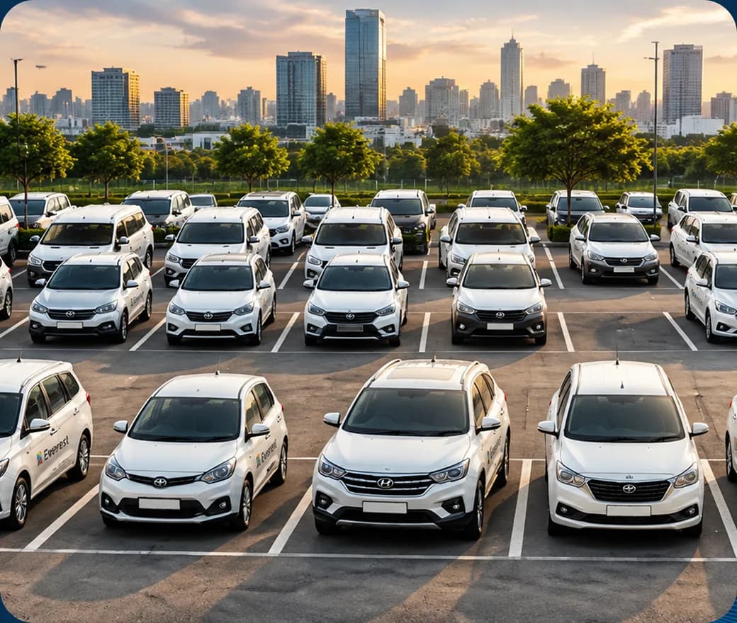 Rows of white Everest Fleet cars parked in front of a city skyline
