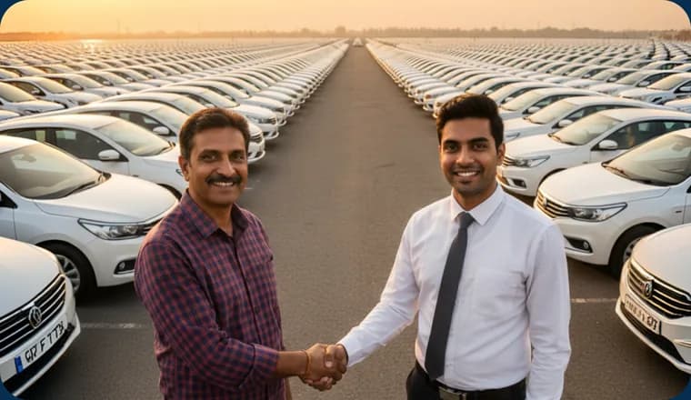 An Everest Dost shaking hands with an Everest Fleet team member in front of the fleet