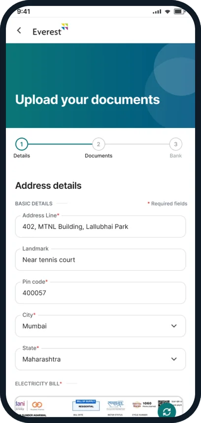 Everest Dost app screen for uploading address details and documents
