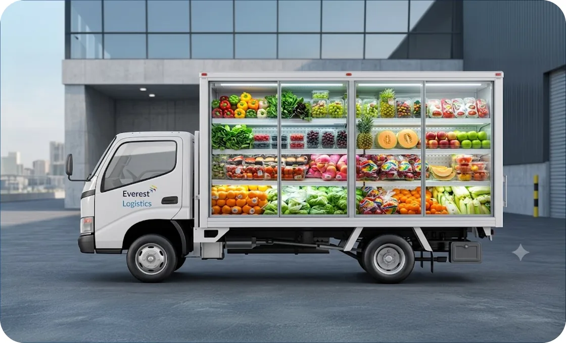 Everest Logistics refrigerated truck loaded with fresh fruit and vegetables