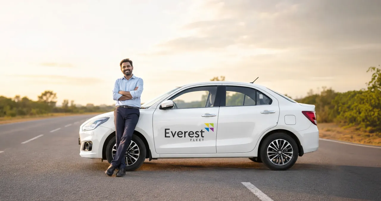 Everest Fleet driver leaning on a white Everest sedan